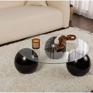 Table basse ronde en verre – 3 pieds boules noirs KOCHI